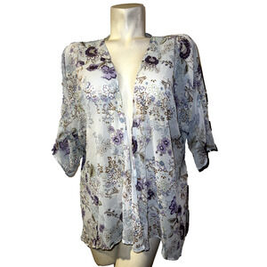 LULAROE Top Women's Sz S Purple Blue Floral Sheer Open Cardigan Kimono Cover Up